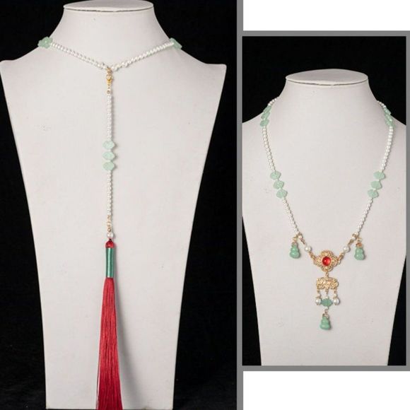 Jade Beaded Necklace w/ Tassel | Women Handmade Retro Lucky Charm Pendant #1282 - Picture 2 of 5